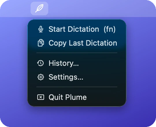 Plume menu in the menu bar